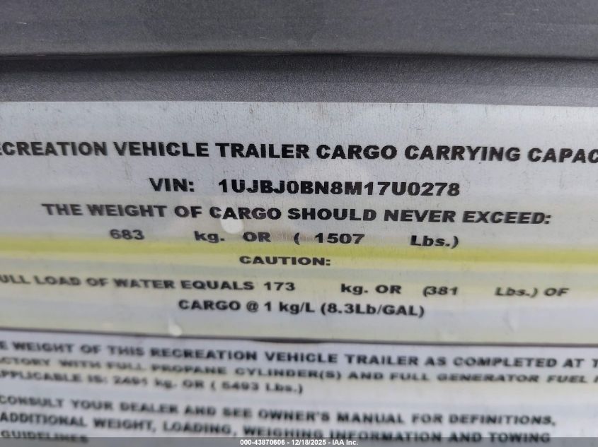 2021 Jayco Jayfl184Bh VIN: 1UJBJ0BN8M17U0278 Lot: 43870606