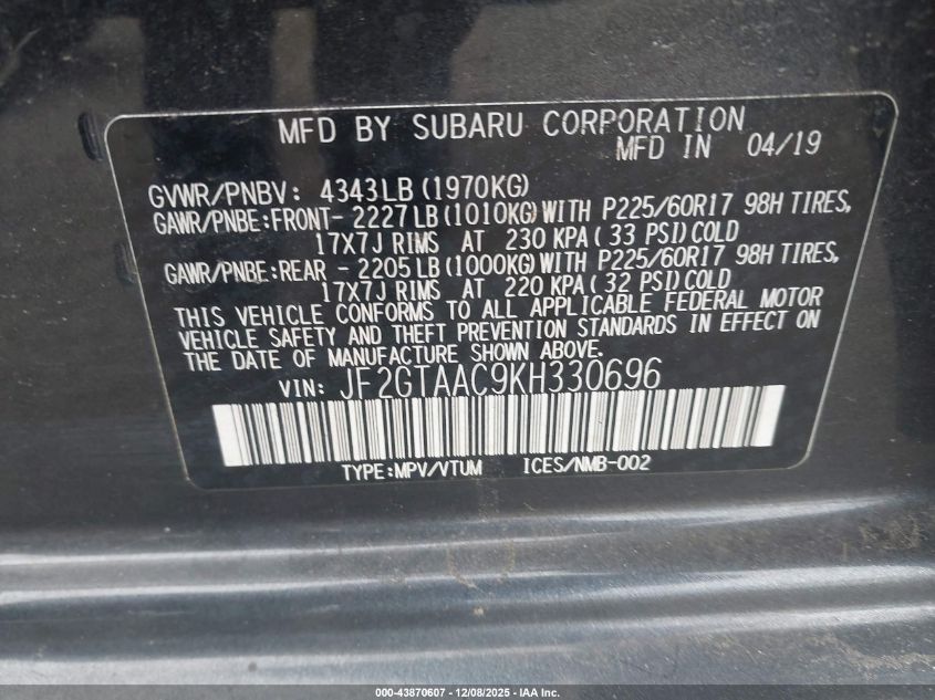 2019 Subaru Crosstrek 2.0I VIN: JF2GTAAC9KH330696 Lot: 43870607