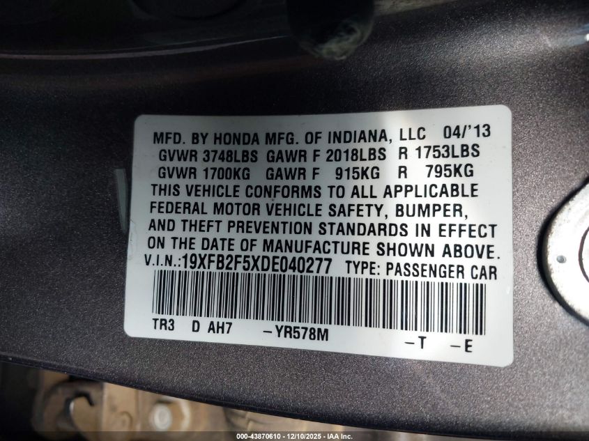 2013 Honda Civic Lx VIN: 19XFB2F5XDE040277 Lot: 43870610