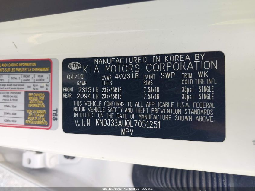 2020 Kia Soul Ex VIN: KNDJ33AU0L7051251 Lot: 43870612