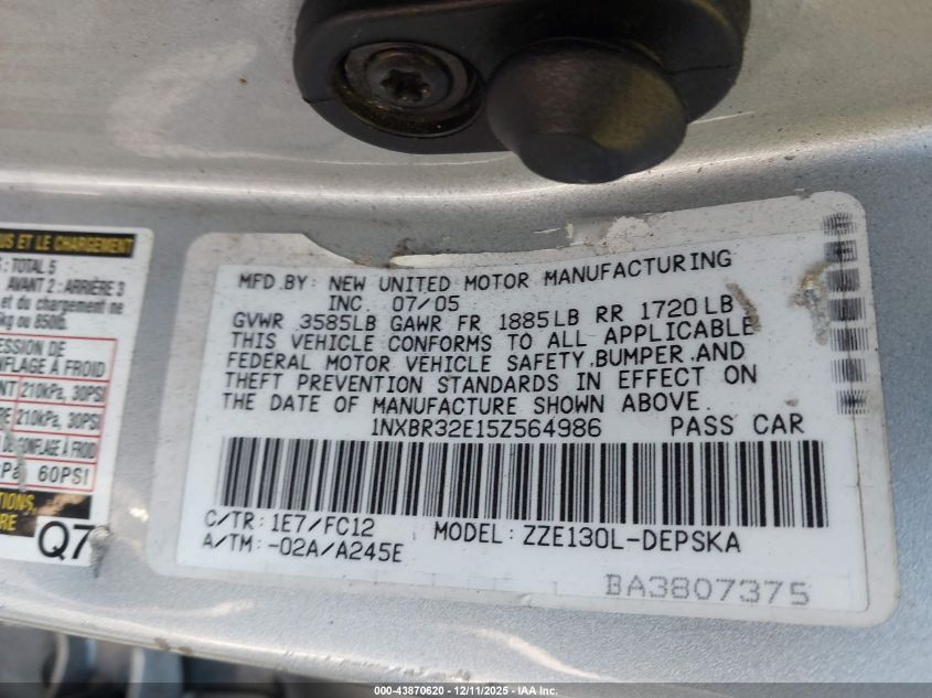 2005 Toyota Corolla S VIN: 1NXBR32E15Z564986 Lot: 43870620