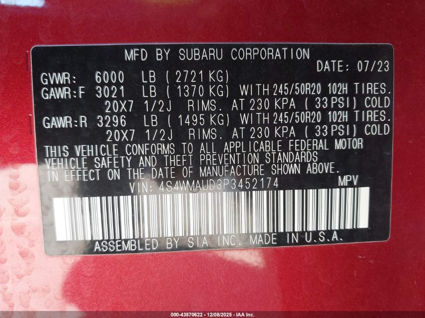 2023 Subaru Ascent Limited 7-Passenger VIN: 4S4WMAUD3P3452174 Lot: 43870622