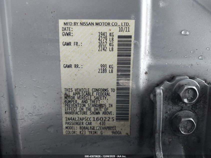 2012 Nissan Altima 2.5 S VIN: 1N4AL2AP5CC160225 Lot: 43870626