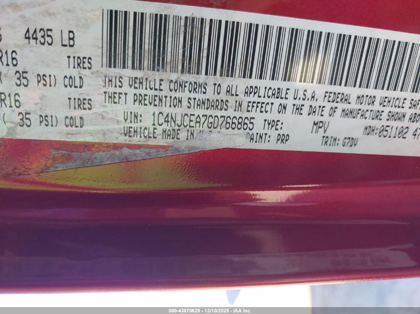 2016 Jeep Compass Latitude VIN: 1C4NJCEA7GD766865 Lot: 43870629