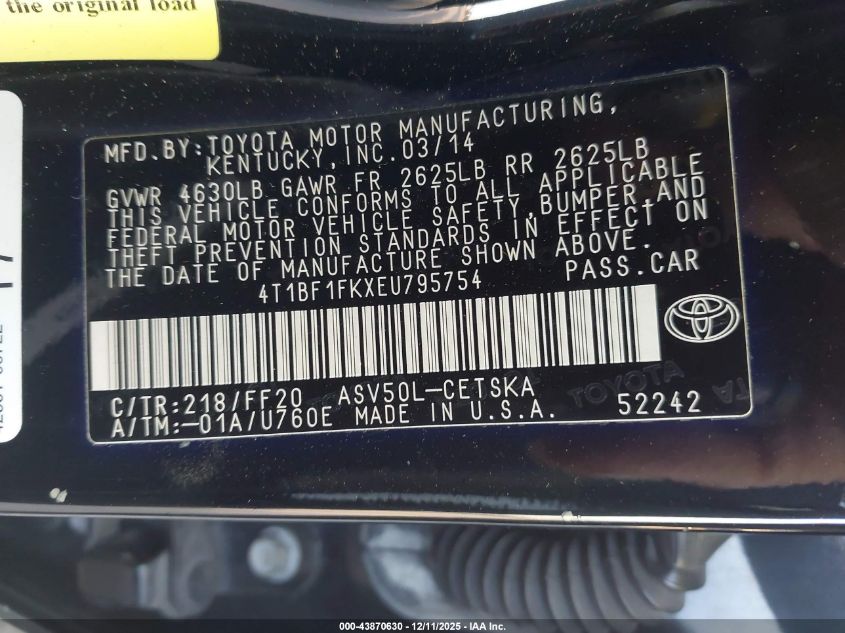 2014 Toyota Camry Se VIN: 4T1BF1FKXEU795754 Lot: 43870630