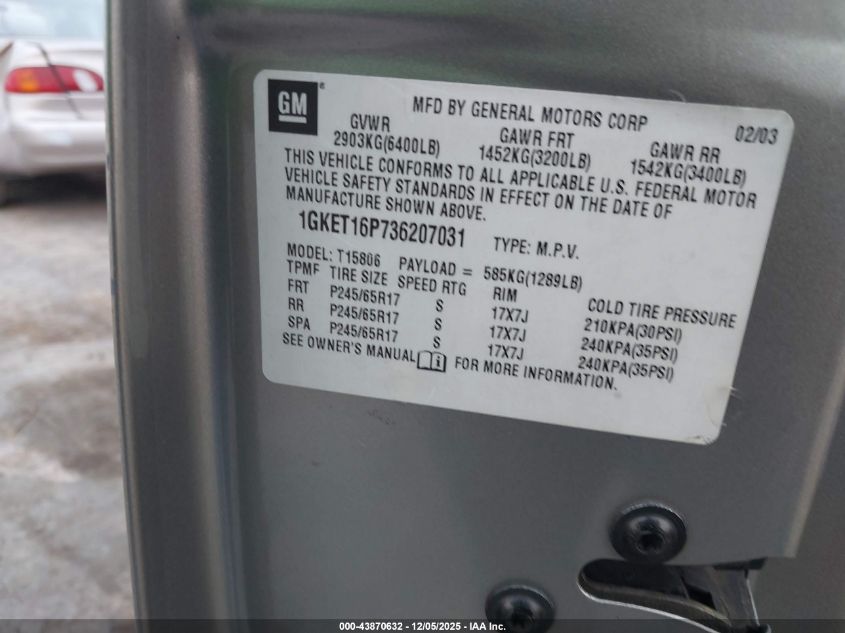 2003 GMC Envoy Xl Slt VIN: 1GKET16P736207031 Lot: 43870632