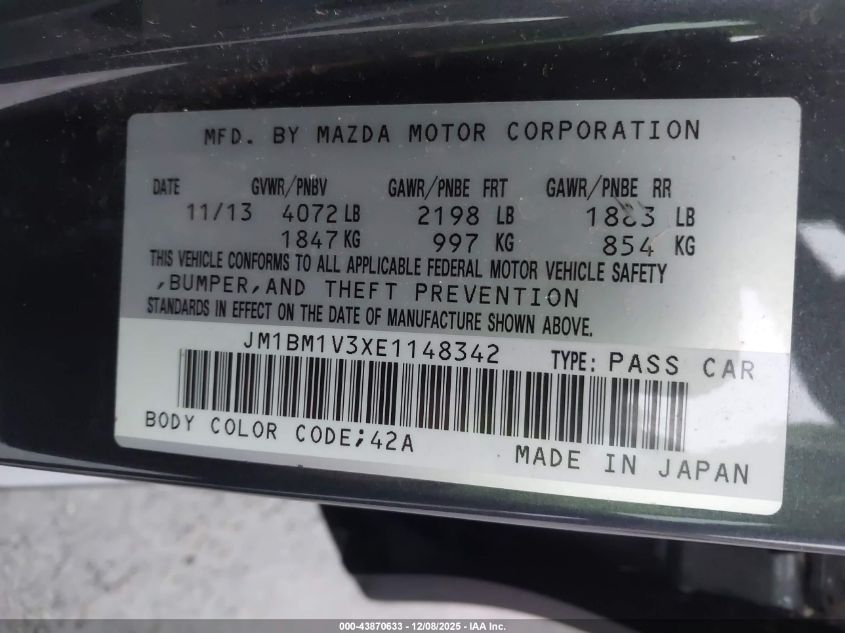 2014 Mazda Mazda3 S Touring VIN: JM1BM1V3XE1148342 Lot: 43870633