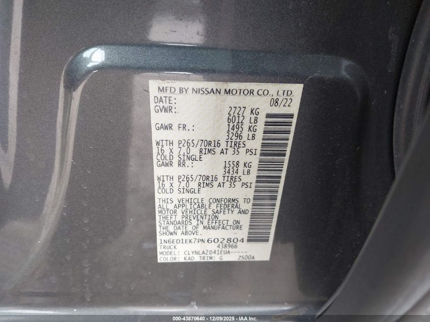 2023 Nissan Frontier S 4X4 VIN: 1N6ED1EK7PN602804 Lot: 43870640