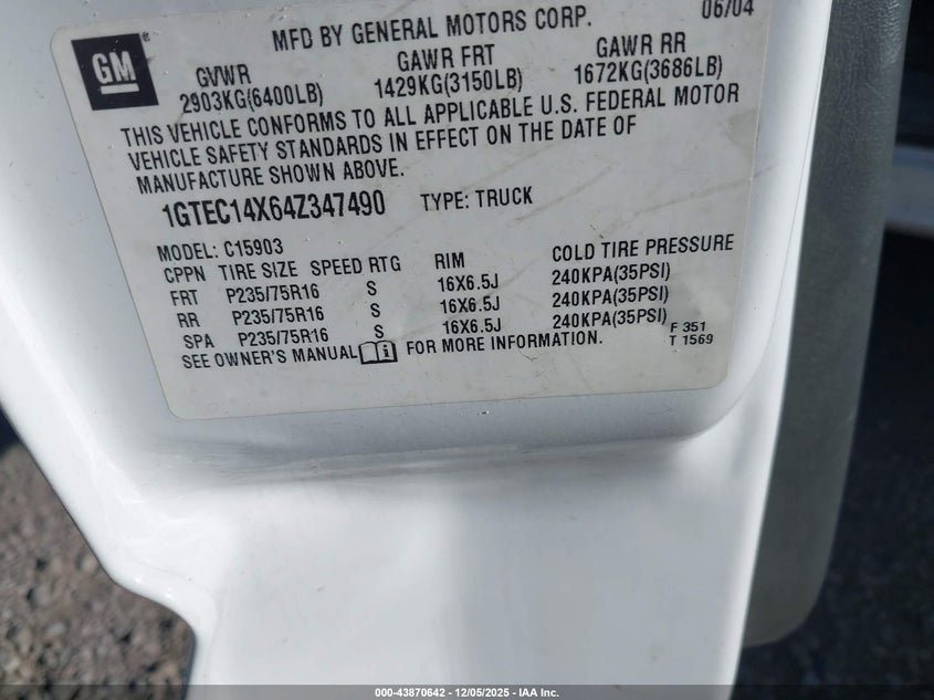 1GTEC14X64Z347490 2004 GMC SIERRA photo no. 9