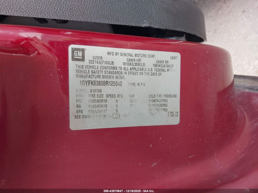 2008 Cadillac Escalade Standard VIN: 1GYFK63808R125042 Lot: 43870647