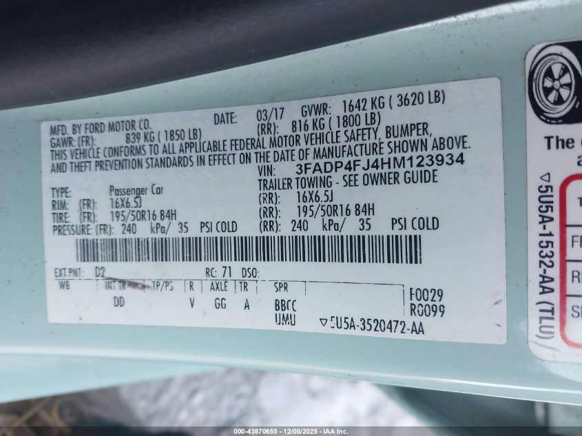 2017 Ford Fiesta Titanium VIN: 3FADP4FJ4HM123934 Lot: 43870655