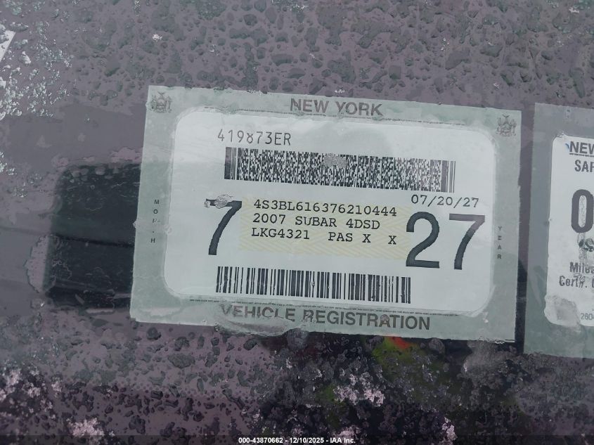 2007 Subaru Legacy 2.5I VIN: 4S3BL616376210444 Lot: 43870662