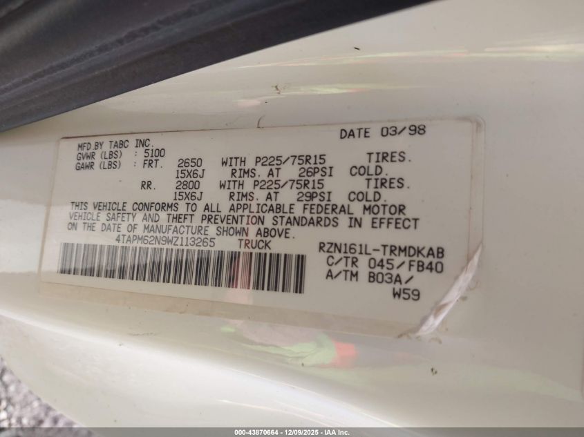 1998 Toyota Tacoma VIN: 4TAPM62N9WZ113265 Lot: 43870664