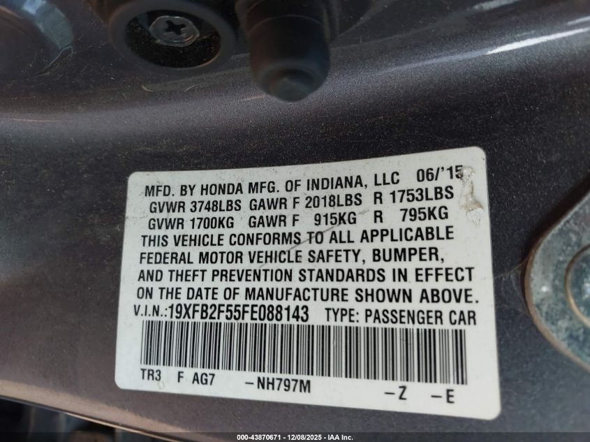 2015 Honda Civic Lx VIN: 19XFB2F55FE088143 Lot: 43870671