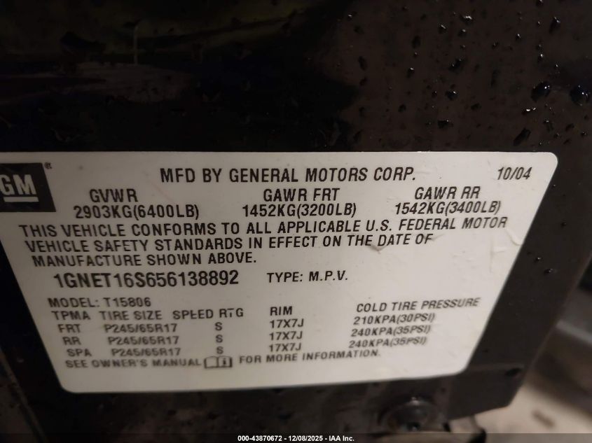 2005 Chevrolet Trailblazer Ext Lt VIN: 1GNET16S656138892 Lot: 43870672