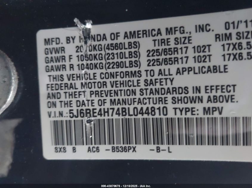 2011 Honda Cr-V Ex-L VIN: 5J6RE4H74BL044810 Lot: 43870678