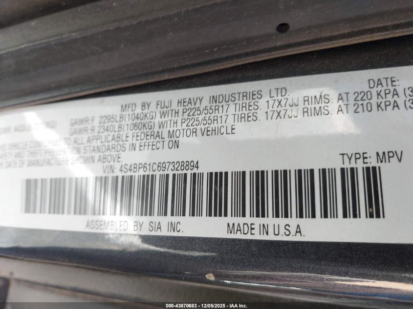 2009 Subaru Outback 2.5I VIN: 4S4BP61C697328894 Lot: 43870683