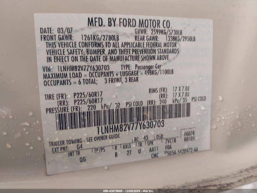 2007 Lincoln Town Car Signature Limited VIN: 1LNHM82V77Y630703 Lot: 43870688