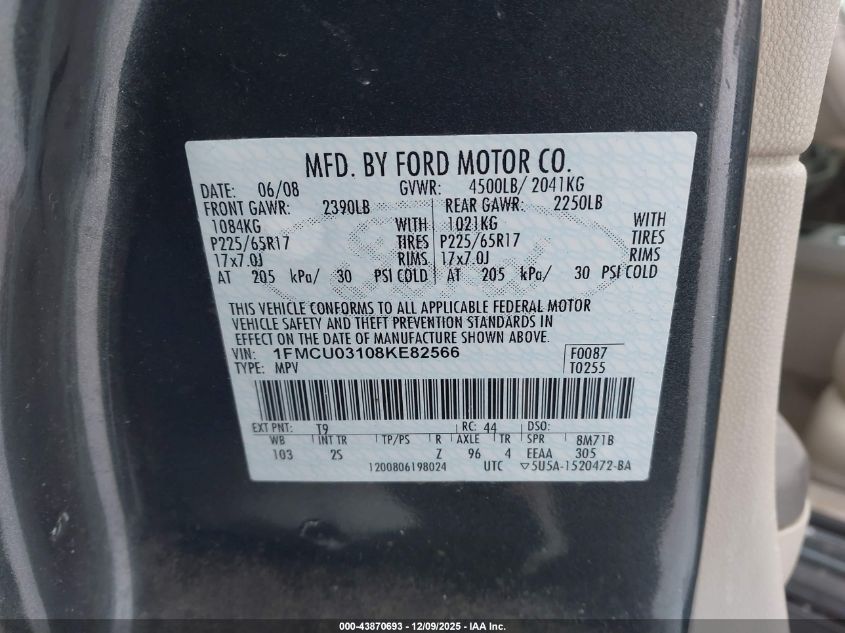 2008 Ford Escape Xlt VIN: 1FMCU03108KE82566 Lot: 43870693