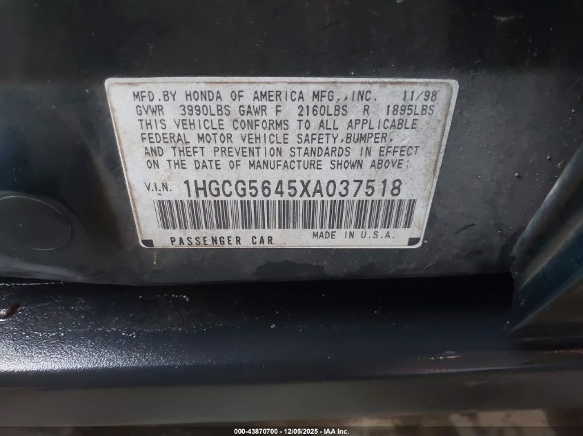 1999 Honda Accord Lx VIN: 1HGCG5645XA037518 Lot: 43870700