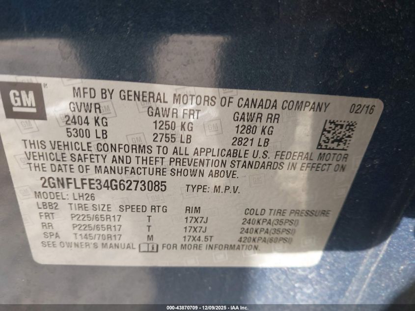 2016 Chevrolet Equinox Lt VIN: 2GNFLFE34G6273085 Lot: 43870709