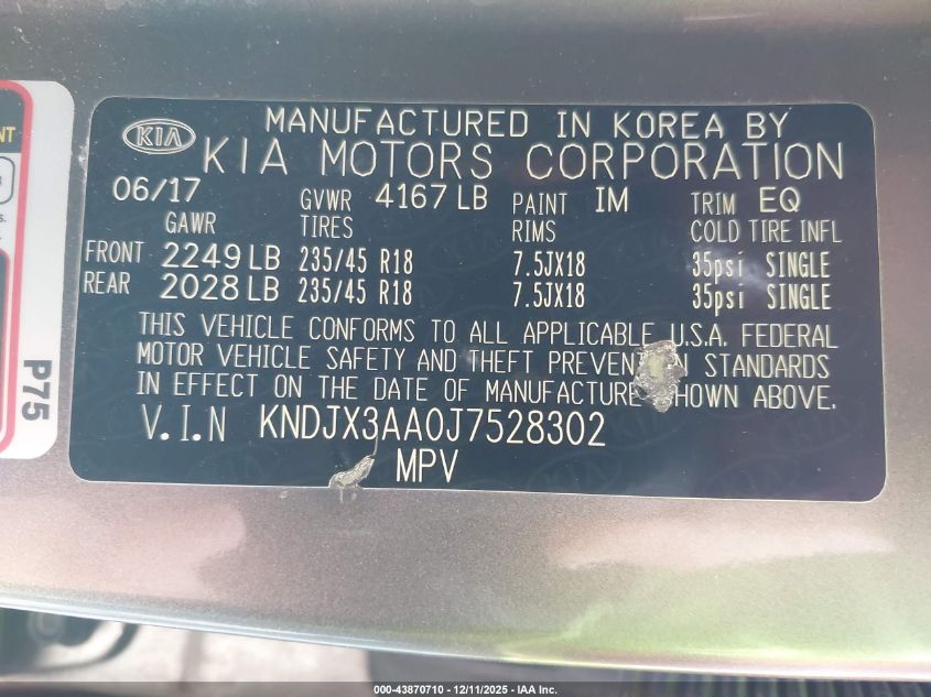 2018 Kia Soul ! VIN: KNDJX3AA0J7528302 Lot: 43870710