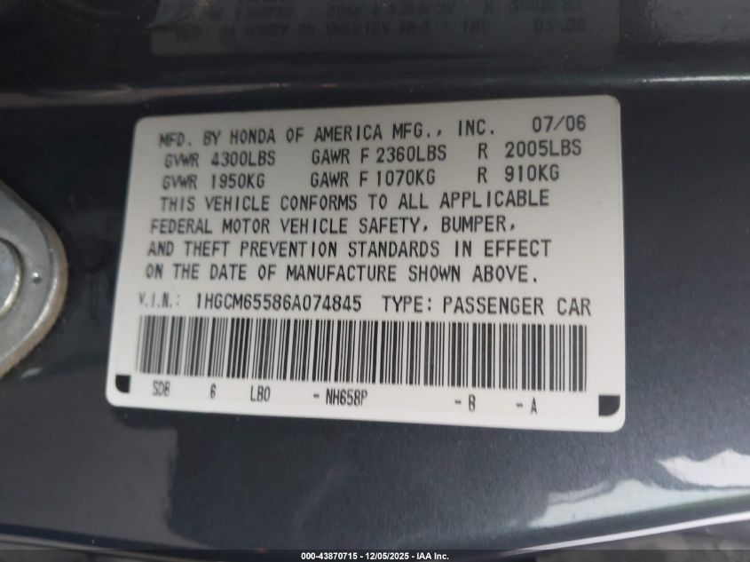 2006 Honda Accord 3.0 Ex VIN: 1HGCM65586A074845 Lot: 43870715
