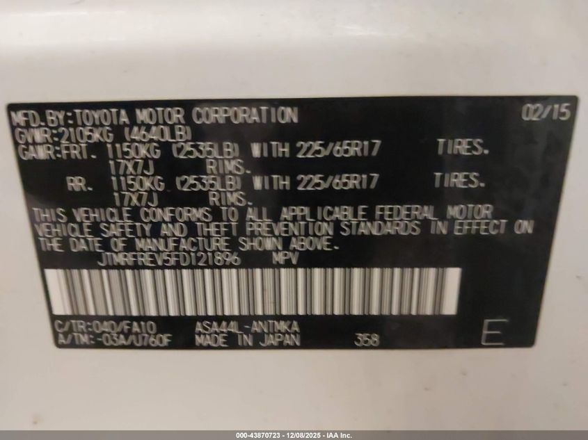 2015 Toyota Rav4 Xle VIN: JTMRFREV5FD121896 Lot: 43870723