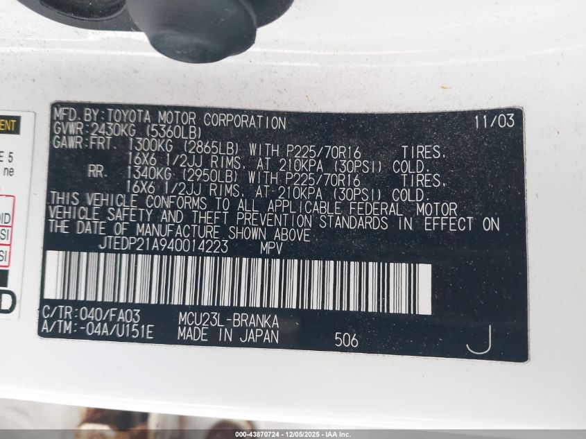 2004 Toyota Highlander V6 VIN: JTEDP21A940014223 Lot: 43870724