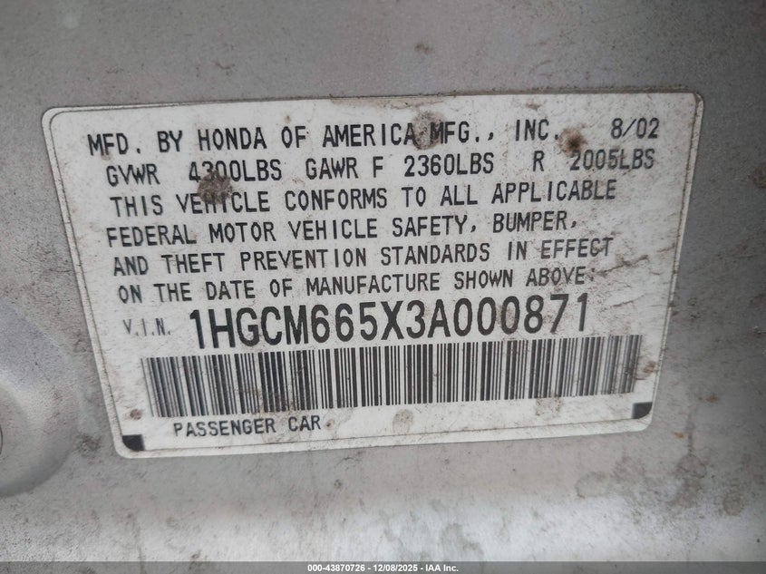 2003 Honda Accord 3.0 Ex VIN: 1HGCM665X3A000871 Lot: 43870726