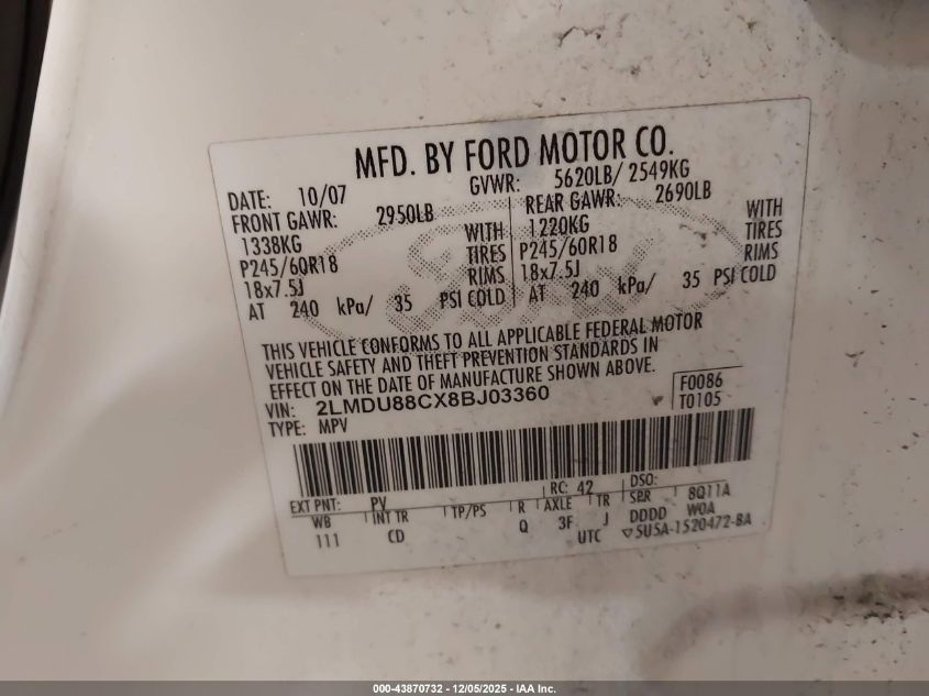 2008 Lincoln Mkx VIN: 2LMDU88CX8BJ03360 Lot: 43870732