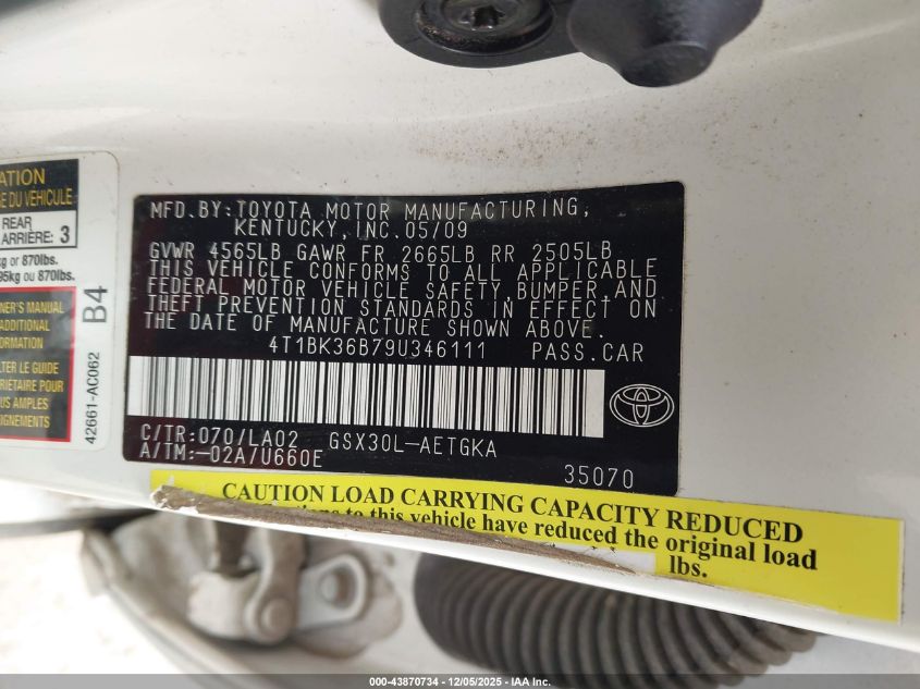 2009 Toyota Avalon Xls VIN: 4T1BK36B79U346111 Lot: 43870734