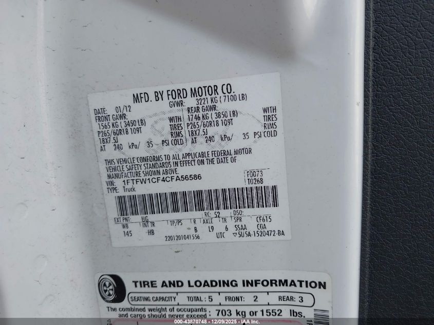 2012 Ford F-150 Lariat VIN: 1FTFW1CF4CFA56586 Lot: 43870748