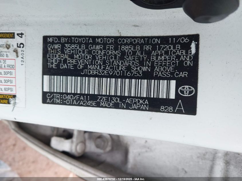 2007 Toyota Corolla Ce VIN: JTDBR32E970116753 Lot: 43870750