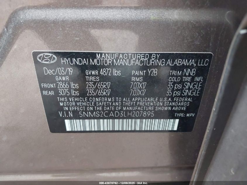 2020 Hyundai Santa Fe Se VIN: 5NMS2CAD3LH207895 Lot: 43870762