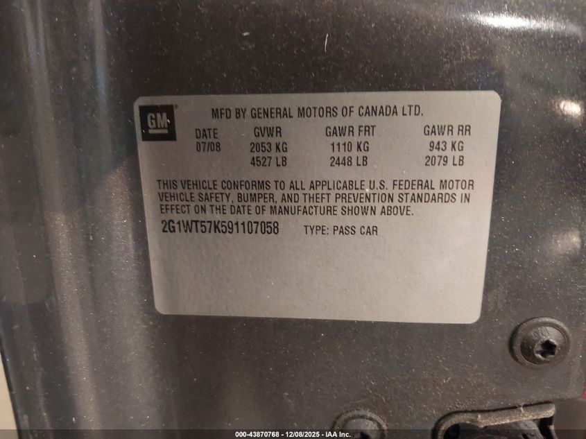 2009 Chevrolet Impala Lt VIN: 2G1WT57K591107058 Lot: 43870768