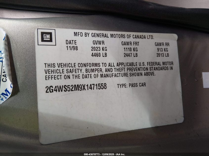 1999 Buick Century Custom VIN: 2G4WS52M9X1471558 Lot: 43870773