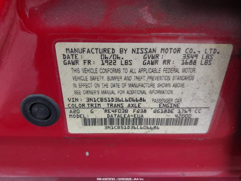 2006 Nissan Sentra 1.8S VIN: 3N1CB51D36L606686 Lot: 43870783