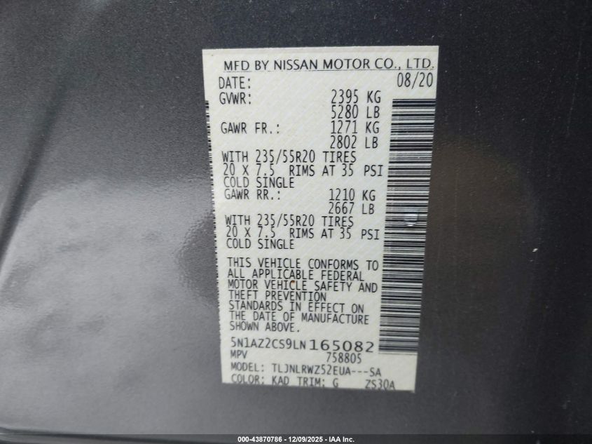 2020 Nissan Murano Sl Intelligent Awd VIN: 5N1AZ2CS9LN165082 Lot: 43870786
