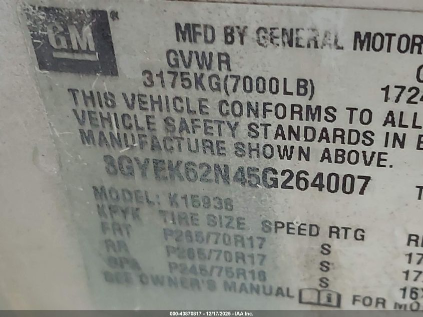 2005 Cadillac Escalade Ext Standard VIN: 3GYEK62N45G264007 Lot: 43870817