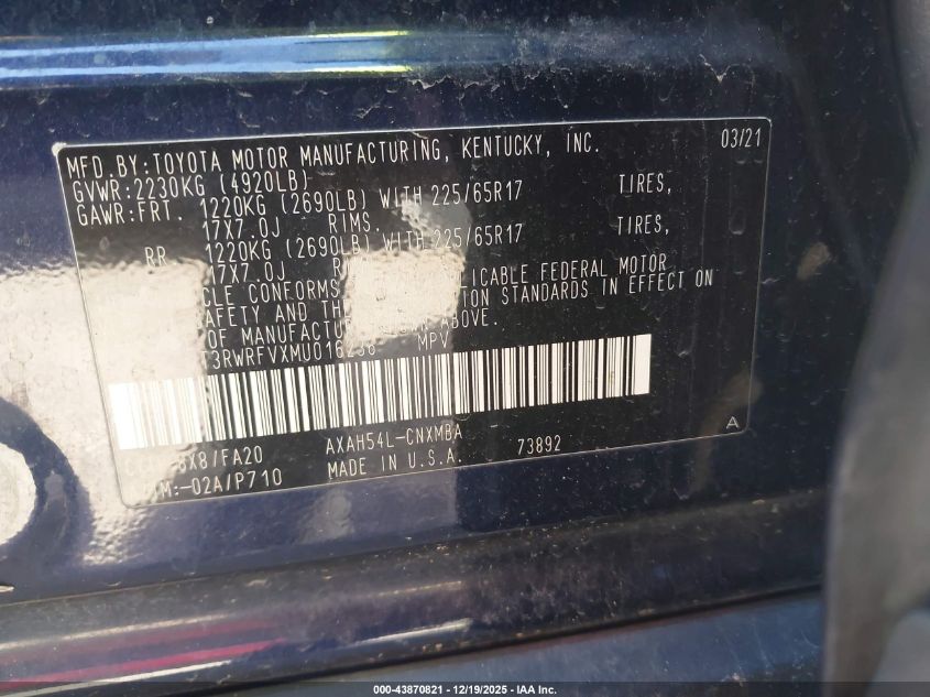 2021 Toyota Rav4 Hybrid Xle VIN: 4T3RWRFVXMU016236 Lot: 43870821