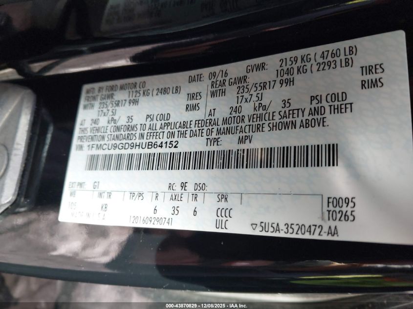 2017 Ford Escape Se VIN: 1FMCU9GD9HUB64152 Lot: 43870829