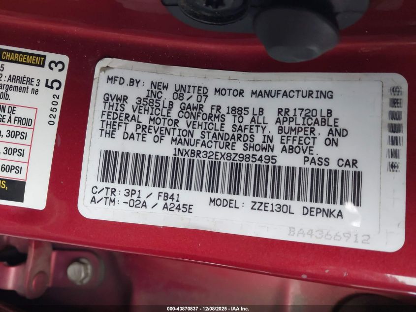 2008 Toyota Corolla Le VIN: 1NXBR32EX8Z985495 Lot: 43870837