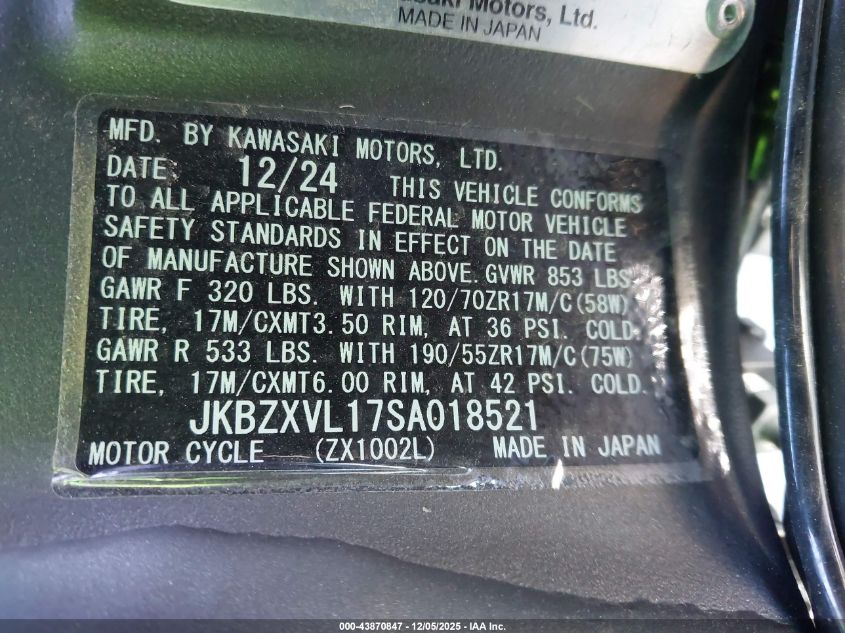 2025 Kawasaki Zx1002 L VIN: JKBZXVL17SA018521 Lot: 43870847