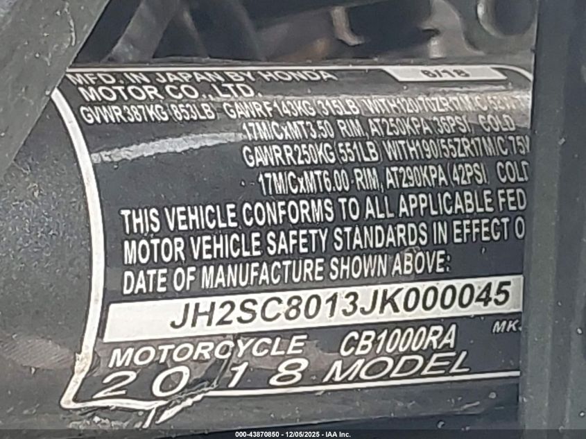 2018 Honda Cb1000 Ra VIN: JH2SC8013JK000045 Lot: 43870850