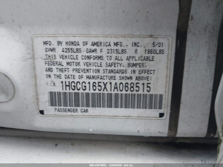 2001 Honda Accord 3.0 Ex VIN: 1HGCG165X1A068515 Lot: 43870852