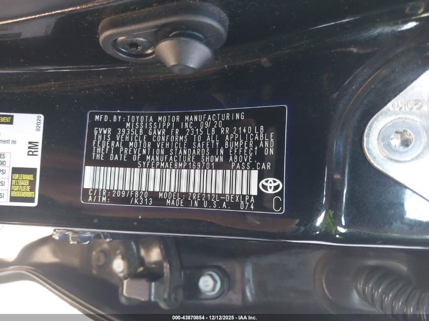 2021 Toyota Corolla Le VIN: 5YFEPMAE8MP169701 Lot: 43870854