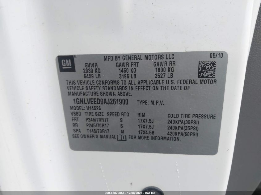 2010 Chevrolet Traverse Ls VIN: 1GNLVEED9AJ261900 Lot: 43870855