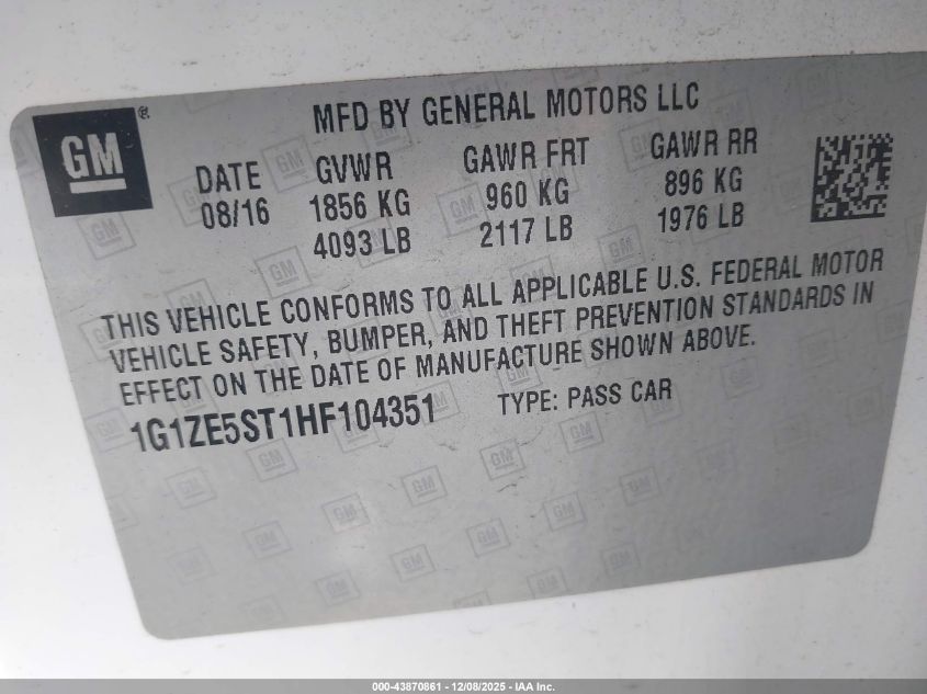 2017 Chevrolet Malibu 1Lt VIN: 1G1ZE5ST1HF104351 Lot: 43870861