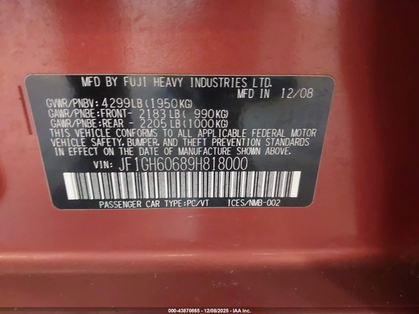 2009 Subaru Impreza 2.5I VIN: JF1GH60689H818000 Lot: 43870865